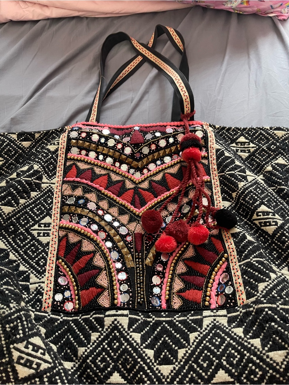 America & Beyond Boho Tote with Pom Tassels